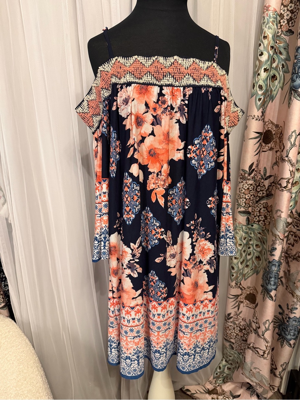 Trixxi Navy Off-Shoulder Mini Dress with Coral Floral Print